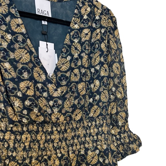 NWT RAGA Dress Midi Smocked Waist Metallic Gold Navy Current A-line Cocktail - Picture 9 of 16